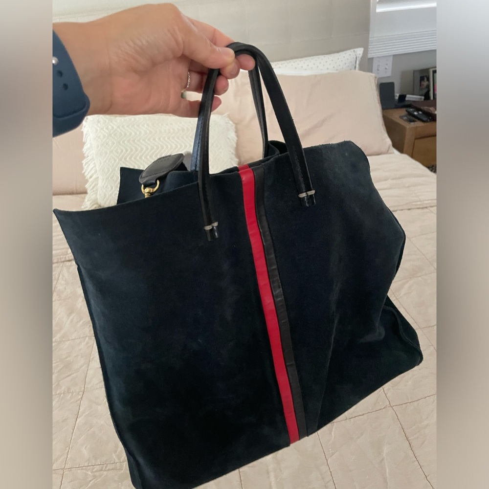 Clare V simple tote navy with red stripe